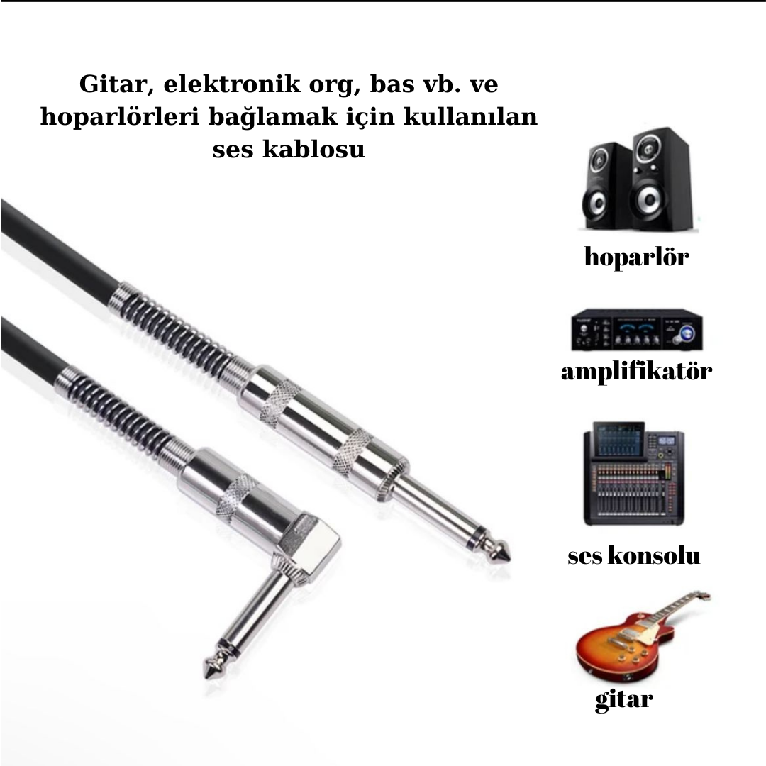 Gitar Jack Kablosu 10M - 32,8ft DÜZ/L Elektro Akustik Bas Bağlama Keman Amfi & Mixer Uyumlu Jak kablo