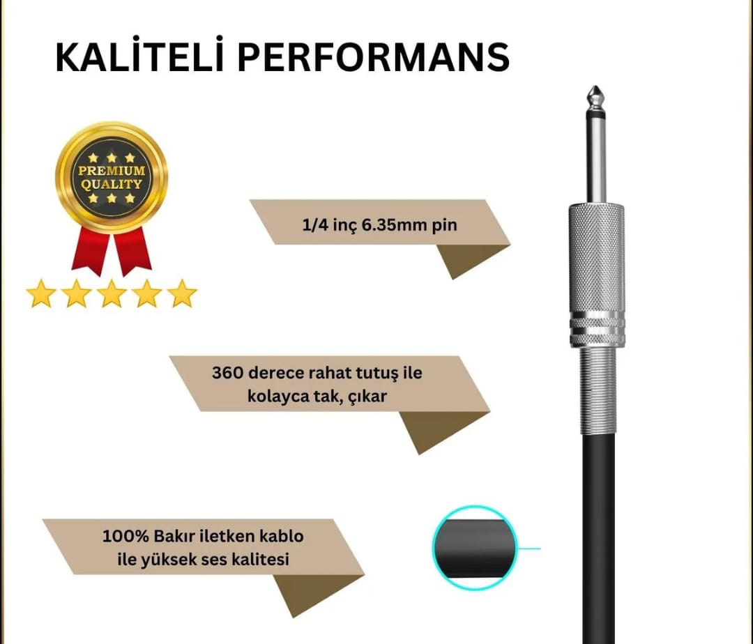 Gitar Jack Kablosu 10M - 32,8ft Elektro Akustik Bas Bağlama Keman Kemençe Amfi & Mixer Uyumlu Jack Kablosu